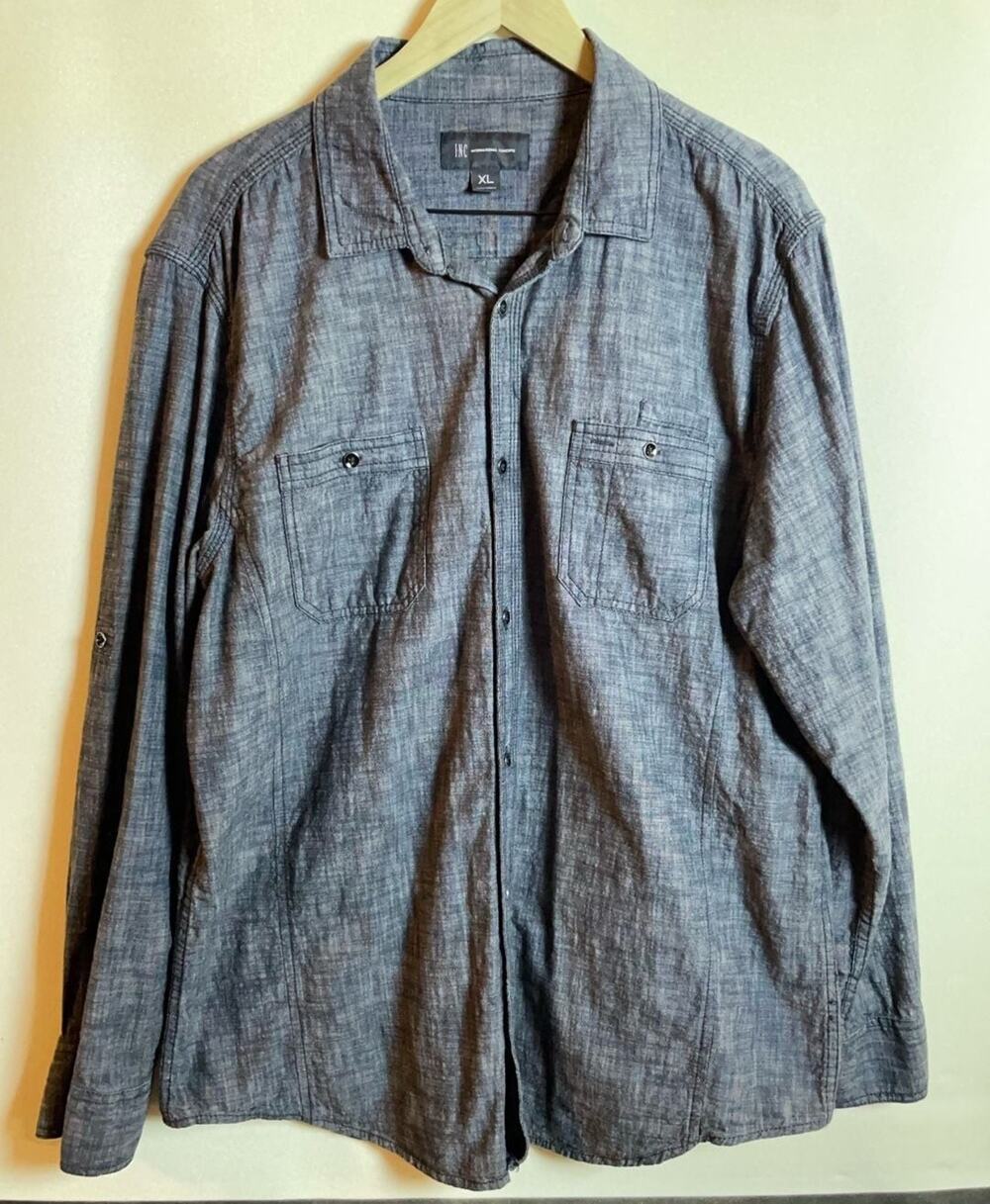 INC International Concepts Men's XL Gray Chambray Roll-Tab Sleeve Button Down Sh